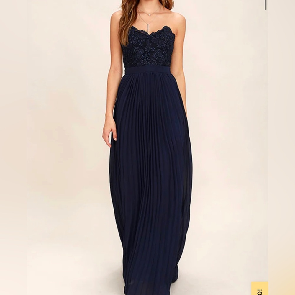 Lulus Special Day Navy Blue Lace Strapless Maxi Dress (Size M)